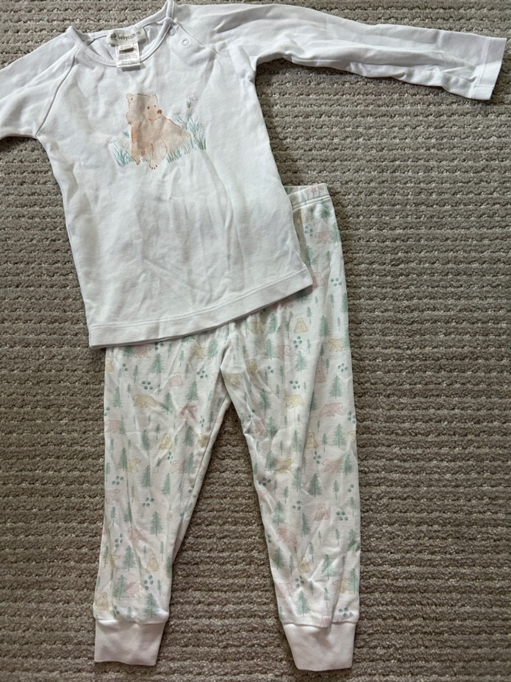 Kids White Bear Print Pajama Set - Long Sleeve Top & Pants